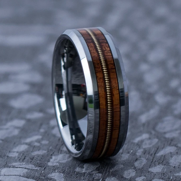 The drifters tungsten guitar string wood dinosaur bone ring