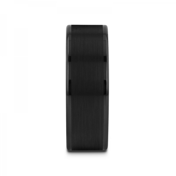 Flat black tungsten men's bands with the brushed center line and polished edges by Gentlebands.