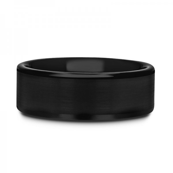 Flat black tungsten men's bands with the brushed center line and polished edges by Gentlebands.