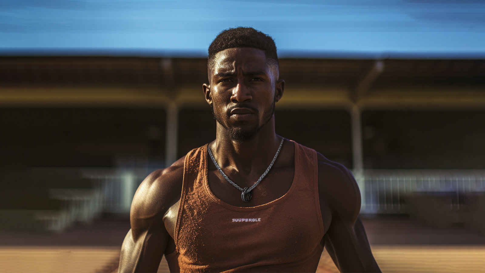 A black athlete wearing a ring on a necklace