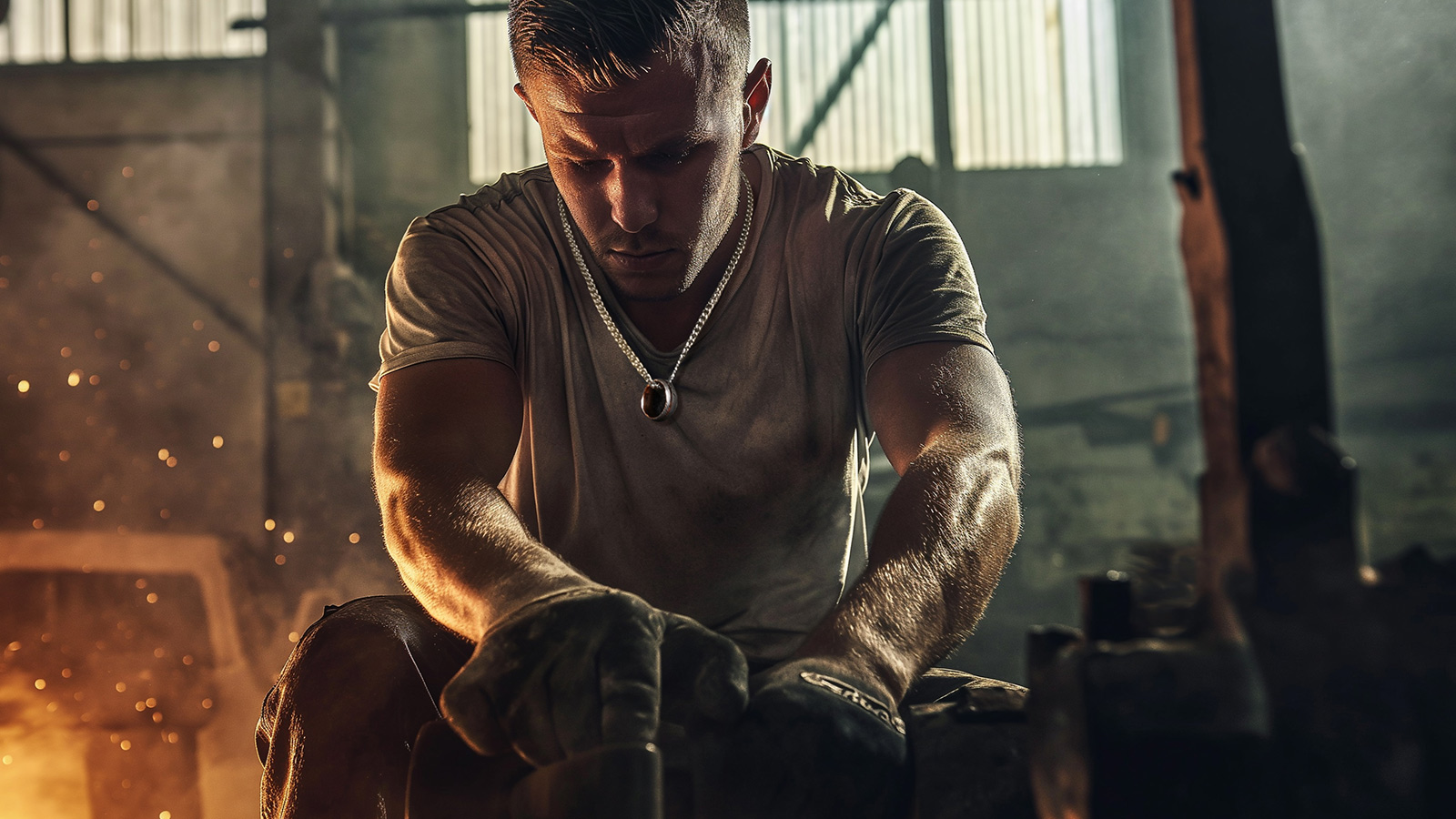 A man in a factory, laboring on metal, with a ring worn as a necklace