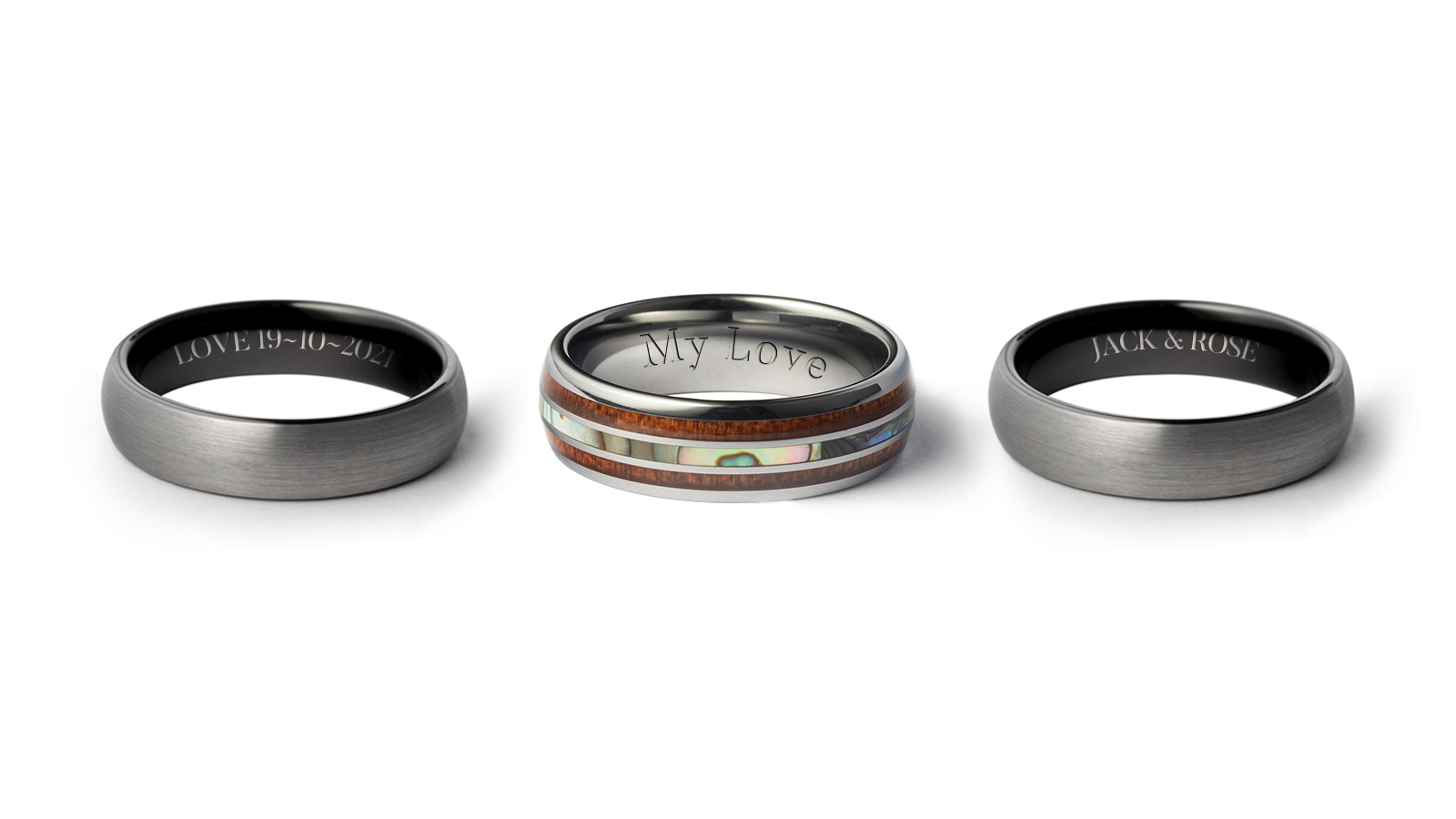 Three men's rings are engraved with love vows