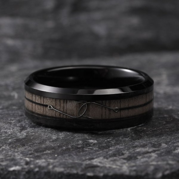 Tungsten wedding band with fishing hook and Birdseye Maple Inlay by Gentlebands.