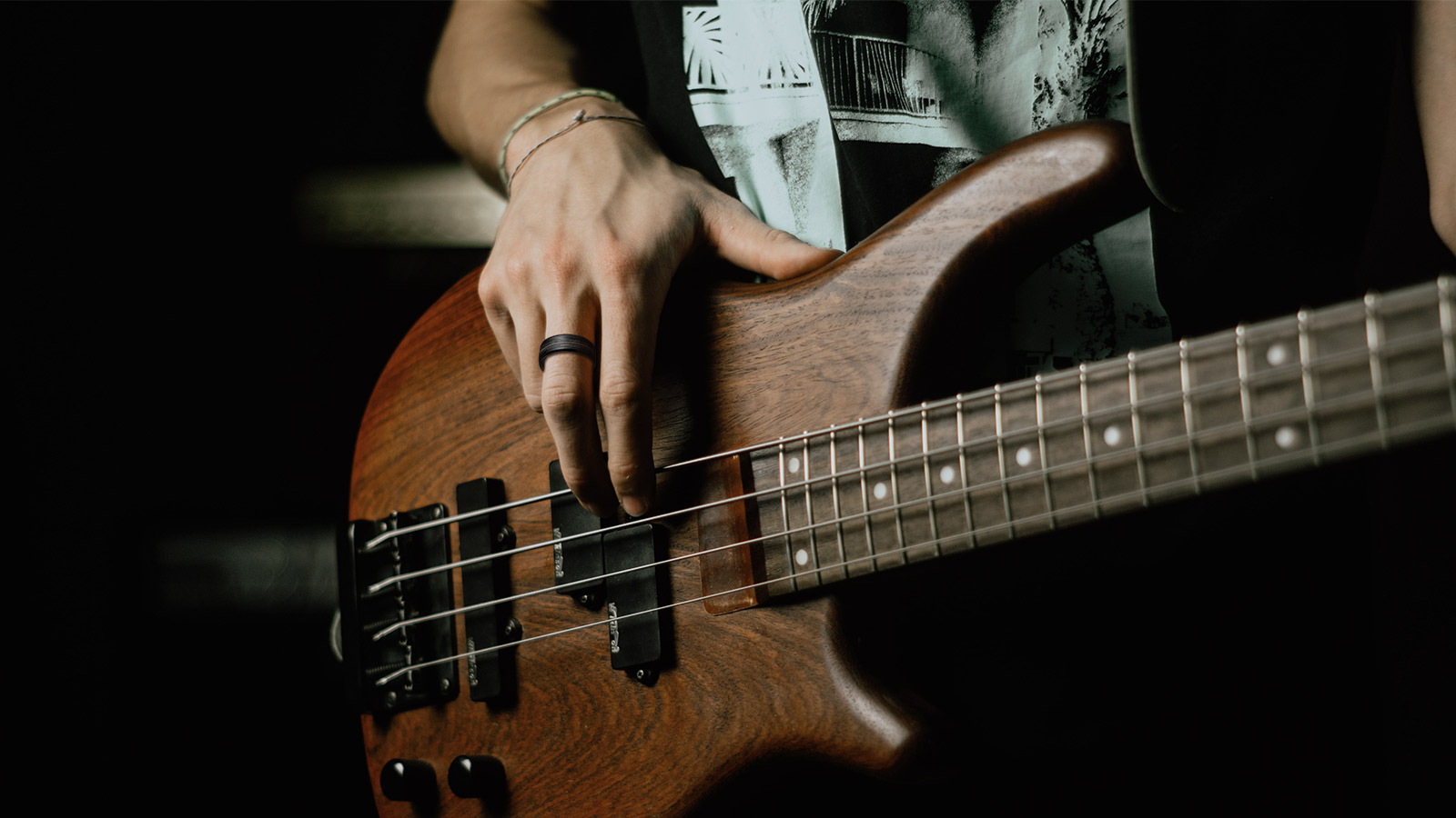 The man playing the guitar had a black ring on his finger