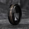 Tungsten wedding band with fishing hook and Birdseye Maple Inlay by Gentlebands.