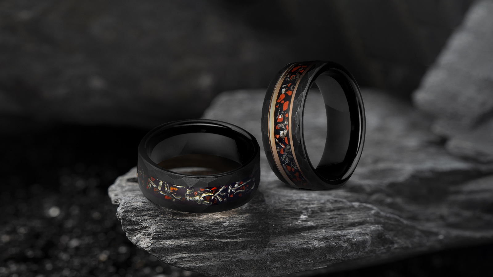 Two black dinosaur bone rings, delicate and stylish, crafted by gentleband