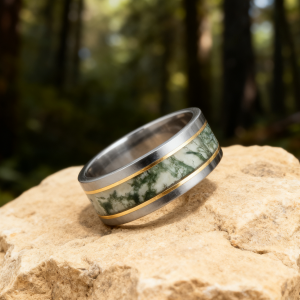 Sanctuary Gold | Gold Moss Agate Titanium Ring - Gentleband